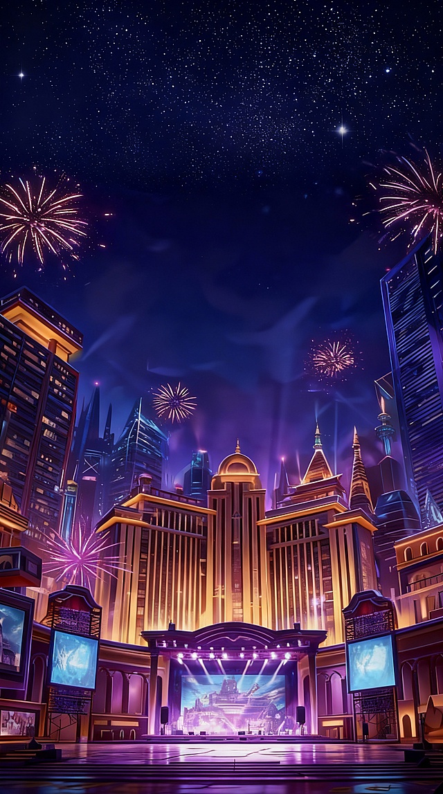 都市夜晚场景，游戏场景。蓝紫色调，炫丽夜晚