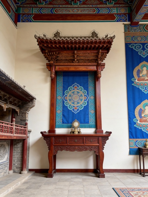结合张掖大佛寺木构殿堂的斗拱结构、古木雕刻肌理和传统彩绘配色，提取红棕色木构、青蓝彩绘、传统纹样元素，生成一张室内软装排版设计图，体现古建宗教空间的庄严肃穆，融入西北地域佛教文化特色预览效果