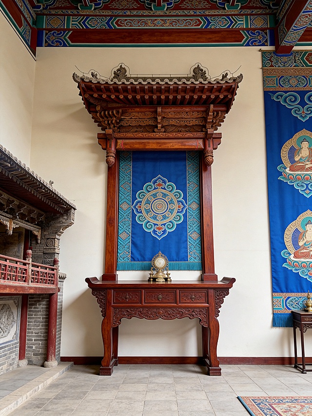 结合张掖大佛寺木构殿堂的斗拱结构、古木雕刻肌理和传统彩绘配色，提取红棕色木构、青蓝彩绘、传统纹样元素，生成一张室内软装排版设计图，体现古建宗教空间的庄严肃穆，融入西北地域佛教文化特色