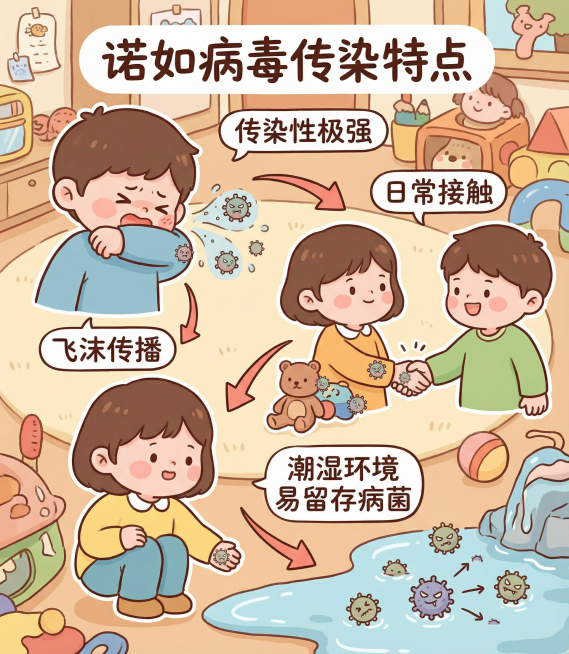 诺如病毒传染特点，传染性极强，通过日常接触、飞沫传播，潮湿环境易留存病菌，保持参考图的卡通可爱手绘插画风格，温暖柔和色调，丰富背景，科普医疗插图预览效果