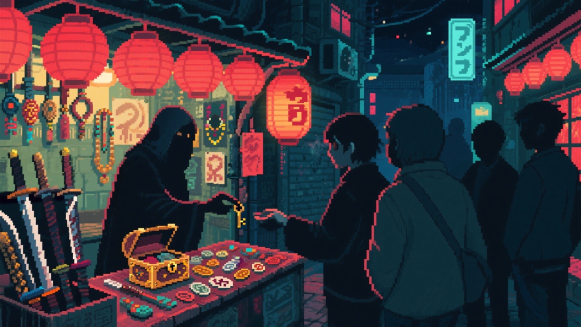 夜间像素场景，红色灯笼照明，像素艺术风格，复古游戏美学，参考Paul Robertson风格。小巷摊位上，商贩售卖特殊兵器和古老饰品，神秘黑衣人正在售卖特殊宝箱钥匙。钱币上沾着奇怪印记，顾客们小声交谈预览效果