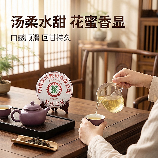 [垫图]输入图
[主图主题]中茶易武之星普洱生茶品饮场景图
[氛围/风格]雅致国风场景，暖光氛围感，突出品饮体验
[画面元素]画面展示中式茶桌场景，摆放着易武之星茶饼、紫砂茶具、茶荷盛放的干茶，浅黄透亮的茶汤盛在公道杯中，一只手正分茶给好友，暖黄色柔光从窗边照入，氛围宁静雅致，背景铺满全屏无边框
[配色色系]主色调：茶汤浅黄、木色、茶褐；辅助色：米白、茶绿
[视角构图]第一人称平视视角，自然生动有氛围感
[文字版式]左上角主标题“汤柔水甜 花蜜香显”，下方小字“口感顺滑 回甘持久”，字体为无衬线体，深棕色，悬浮于背景空白处
[比例分辨率]1:1 比例，2k 分辨率