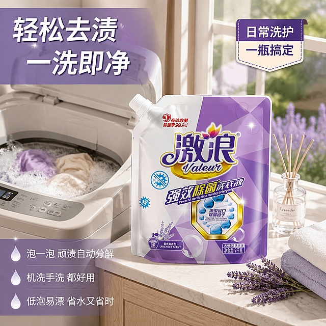 [主图-7] 激浪洗衣液使用场景图，阳台洗衣真实生活场景。
[氛围风格] 真实家居生活感，明亮整洁阳台场景，温馨日常，延续紫色调，抖音电商风格。
[画质] 商业摄影质感、自然光通透、场景真实自然、产品清晰突出。
[元素] 画面为真实阳台洗衣场景：白色洗衣机旁的台面上放置激浪袋装洗衣液，产品外观与输入产品图绝对一致，杜绝变形色差，占比约40%。洗衣机盖子打开，里面有正在清洗的衣物和丰富的白色泡沫。台面上还有薰衣草香薰瓶、折叠整齐的干净毛巾、一小束薰衣草花。背景是落地窗外的淡紫色天空和朦胧绿植，窗台上有阳光洒落。地面是浅色木纹地板。整体生活气息浓厚，干净整洁。
[光影] 窗外自然光为主光源，从右侧照入，形成柔和的侧光，产品和洗衣机有自然的光影层次；室内有补光确保暗部细节；整体明亮温暖，真实居家感。
[配色] 主色调白色、浅木色、薰衣草紫；辅助色淡蓝、淡绿、暖金色阳光。
[视角构图] 45°角俯视阳台台面场景，产品位于视觉中心偏右；前景有台面细节，中景产品和洗衣机，背景窗外景色，层次丰富。
[文字版式] 左上角大标题"轻松去渍 一洗即净"，白色粗体大字配深紫半透明底；左下角有3行小字卖点："泡一泡 顽渍自动分解"、"机洗手洗 都好用"、"低泡易漂 省水又省时"，每行前配小水滴图标，白字。右上角有一个小标签"日常洗护 一瓶搞定"。文字均在角落负空间，不遮挡产品主体。
[输出要求] 1:1比例，文字清晰锐利，超高清商业摄影质感。
[负向提示词] 变形，文字错乱，产品模糊，背景杂乱，水印，电商平台Logo，人物。