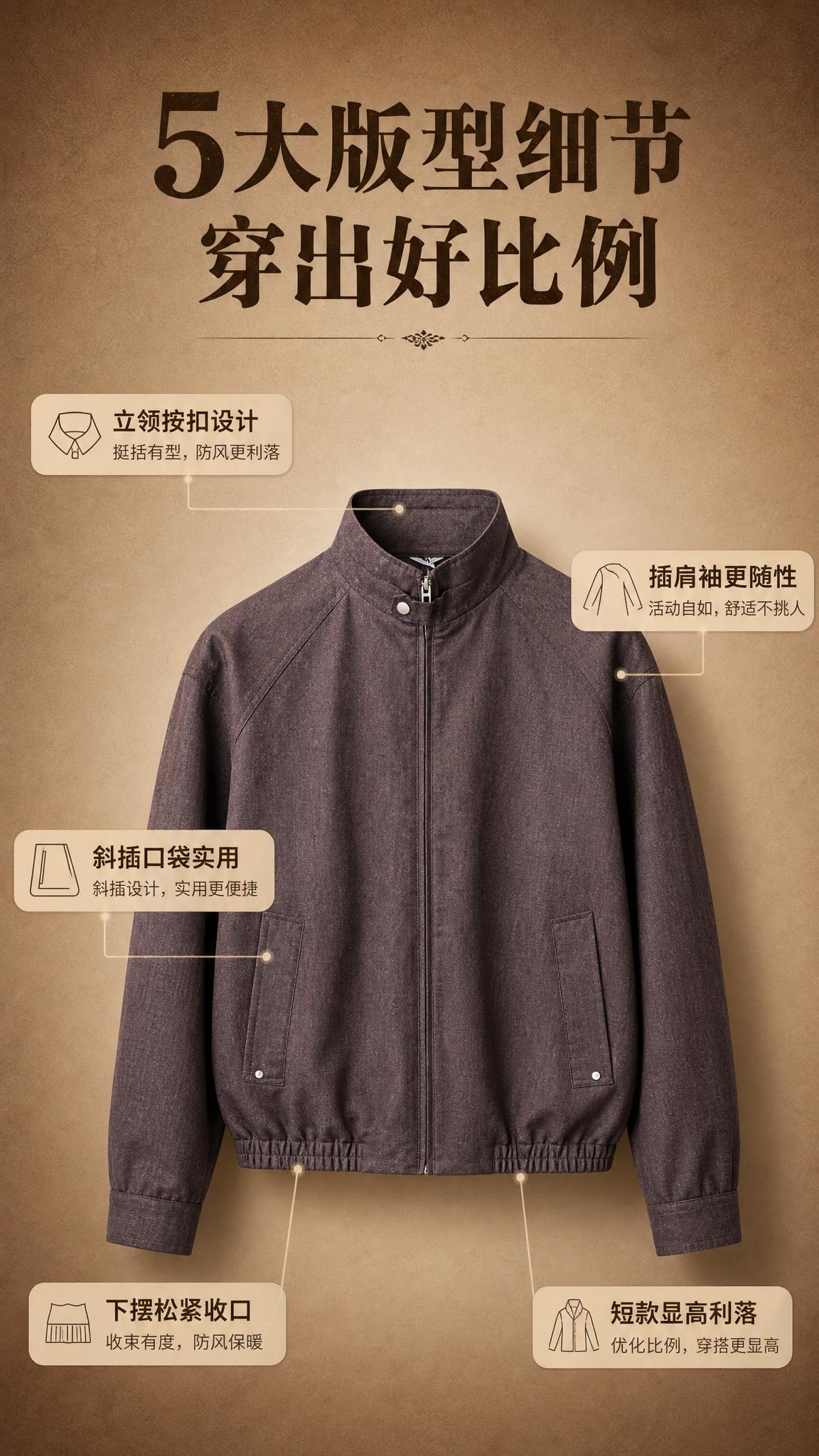 [商品] 使用【图1】复古棕色立领哈灵顿夹克；商品处理：保留立… - 图片创意预览