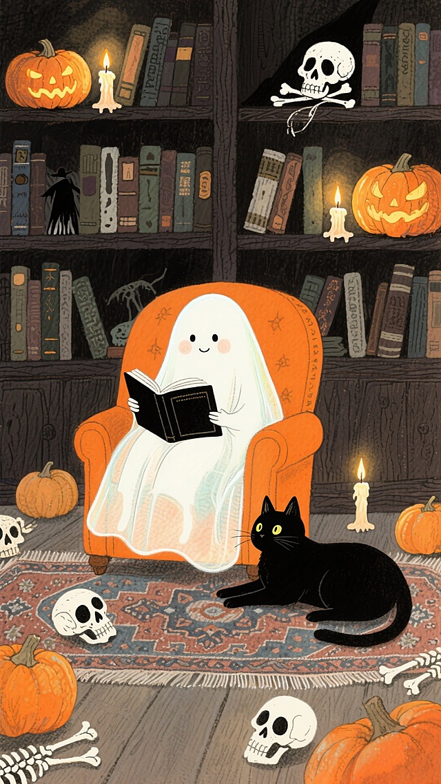 插画风融合哥特与卡通，拟人化小幽灵温馨阅读，水彩质感营造神秘故事感，南瓜烛光点缀万圣节氛围。
