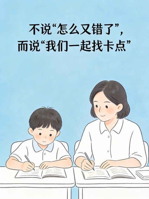 一段温和的家长陪伴指南摘录，文字内容为：“不说‘怎么又错了’，而说‘我们一起找卡点’”。背景为柔和蓝色，字体温暖亲切，配一幅简约线稿插图：一位家长和孩子并肩坐在桌前学习。整体氛围平静、支持性强。——比预览效果
