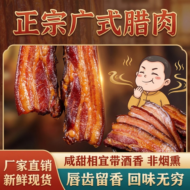 这张图片是产品主体这款产品是广式加瘦腊肉 我需要设计20张主图在拼多多上面售卖    主图场景布局可以用厨房 炒腊肉 腊肉细节等设计一个高级有食欲一些主图文案内容 正宗广式腊肉 厂家直销 新鲜现货 咸预览效果