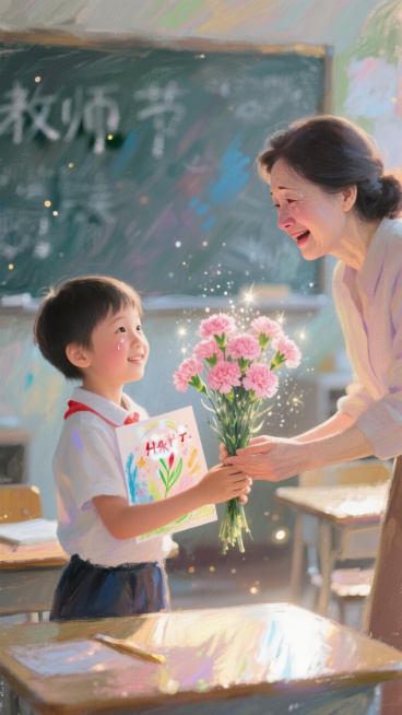 教师节，一个小学生将一张手绘的贺卡和一束康乃馨送给老师，老师惊喜地接过，眼中泛着感动的泪光。温馨的教室环境，柔焦效果，情感饱满，生活摄影风格。预览效果