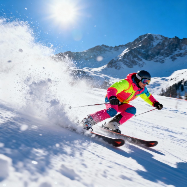 冬季滑雪场场景，一个穿着鲜艳滑雪服的人正在高速滑雪，身体前倾，姿态动感，滑雪板飞溅起大量雪花，背景是覆盖白雪的山峦和蓝天，阳光明媚，画面充满活力与速度感预览效果