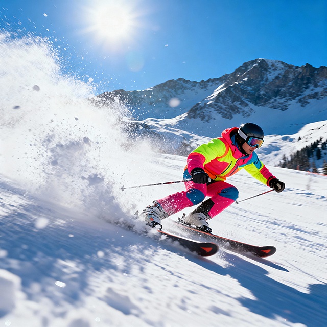 冬季滑雪场场景，一个穿着鲜艳滑雪服的人正在高速滑雪，身体前倾，姿态动感，滑雪板飞溅起大量雪花，背景是覆盖白雪的山峦和蓝天，阳光明媚，画面充满活力与速度感