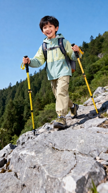 去掉前景放在地上的登山杖，让男孩主角双手都持登山杖，将男孩手持的登山杖产品替换为参考白底图中的登山杖，严格保持参考白底图登山杖的所有细节：黄色杖身带有星星印花图案，黑色握把，黄色安全腕带，黑色加金色快预览效果