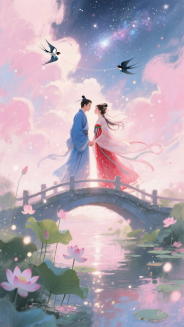 中国古代传统风格，古风情侣身着飘逸古装，深情对视，手拉着手，男子身穿蓝衣，女子身穿红衣。背景是银河，云朵，喜鹊牵着线在空中飞翔，画面整体呈现浪漫的粉色调。桥下有荷叶荷花 ，甜蜜浪漫的七夕氛围。整体画面预览效果