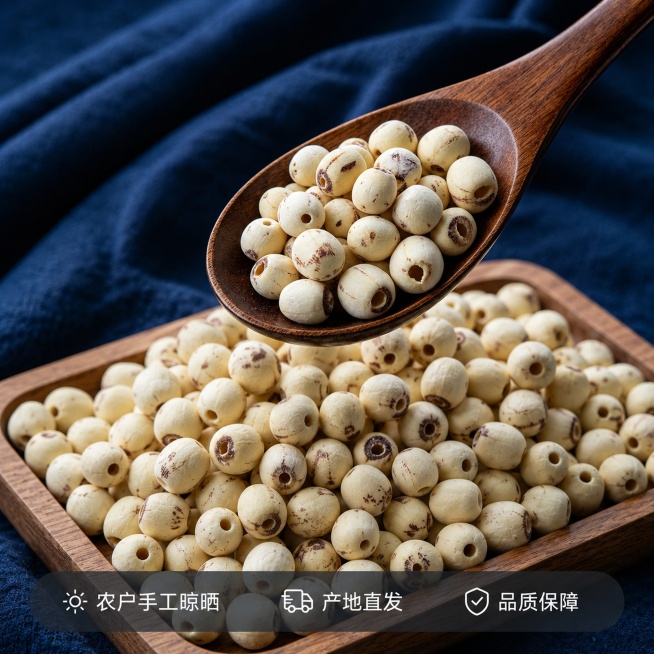 [主图-5]服务承诺信任转化图
[氛围风格]干净可靠，打消购买顾虑
[画质]商业摄影质感、光线柔和通透、产品清晰真实、画面干净高级
[元素]保持莲子外观（物理结构、材质质感、颜色）与输入产品图绝对一致预览效果