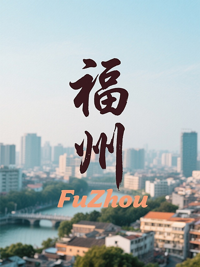 “福州”二字居中字体为深色手写体，无背景颜色，副标题小字“FuZhou”位于主标题之间，文字为暖色调，背景为福州城市照片，风格清新，排版高级有质感