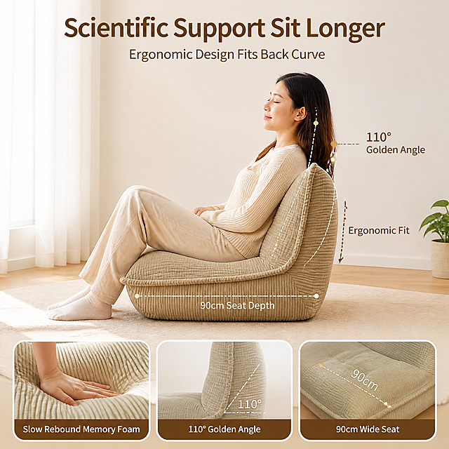 [主图-2] Single-seat lazy sofa ergonomics and comfort function image.
[氛围风格] Warm home scene + functional information visualization, professional and reliable feel;
[画质] Commercial photography quality, soft and通透 light, product clear and realistic, clean and premium image.
[元素] Beige corduroy single-seat lazy sofa in upper-middle of frame, side view showing backrest angle and seat depth. One East Asian female model sitting on the sofa, back naturally resting against the backrest, relaxed posture, demonstrating fit. Suspended dashed lines outline natural spine curve, labeled "110° Golden Angle"; horizontal dashed line on seat cushion labeled "90cm Seat Depth"; arc on backrest labeled "Ergonomic Fit". Background continues cream white wall + light wood floor style from main image 1, sheer curtain on left letting in soft light, small potted plant in bottom right. **Keep the single-seat lazy sofa appearance (physical structure, corduroy vertical stripe texture, beige color, overall shape) completely consistent with the input product image, no deformation or color difference, refined processing; product naturally blends into the scene, lighting adjusts with environment, no hard edges or floating effect**. Product occupies approx 60% of frame; full screen no border.
[光影] Left window sheer natural light as key light, warm and soft; right fill light brightens shadows; overall comfortable light ratio, clear layers.
[配色] Main color: beige + cream white; secondary: light wood; accent: warm brown (annotation lines and text).
[视角构图] Side eye level, sofa and model as visual center; upper-middle main display, bottom info area.
[文字版式] Top center main title "Scientific Support Sit Longer", dark brown large bold sans-serif, below small subtitle "Ergonomic Design Fits Back Curve". Suspended annotation lines in frame with dark brown text + warm gold small dot endpoints. Bottom three rounded rectangle picture-in-picture frames left to right: left frame close-up of seat cushion pressing and rebounding, labeled "Slow Rebound Memory Foam"; middle frame close-up of backrest side view, labeled "110° Golden Angle"; right frame seat depth scale illustration, labeled "90cm Wide Seat". PIP frames are rounded rectangles with light cream white stroke, dark brown text labels at bottom inside.
[输出要求] 1:1 ratio, text sharp and clear, ultra HD commercial photography quality.
[负向提示词] deformation, garbled text, blurry product, cluttered background, watermark, e-commerce platform logo, extra hands, extra fingers, deformed hands, fused fingers, twisted hands, limb clipping, distorted face, joint bending backwards.