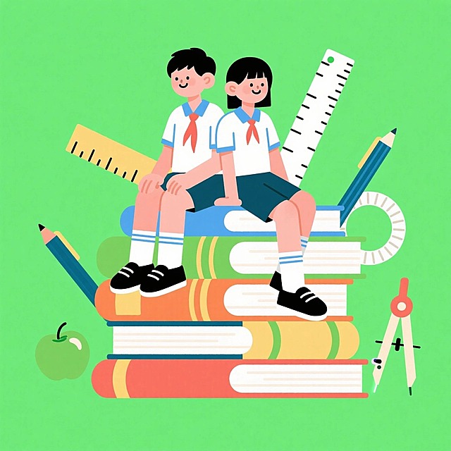 两个中国高中生坐在一摞书上，周围有尺子、笔、圆规进行装饰，撞色，亮绿色背景