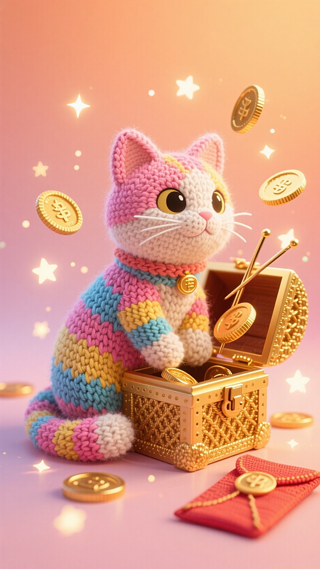 软3D风毛线猫坐于鎏金宝箱旁，金币纷飞，刺绣质感与梦幻光晕交织，萌趣十足，春节温馨喜庆氛围扑面而来。#发财壁纸