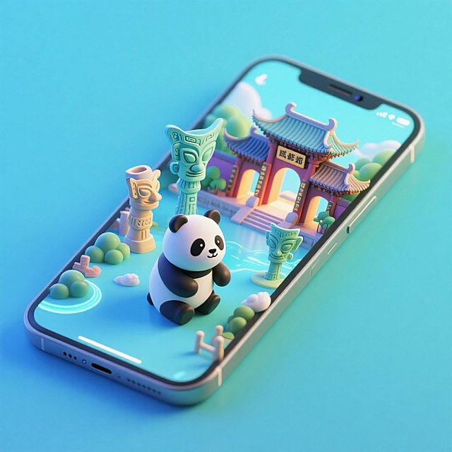 一个手机创意微缩场景，手机平放，侧面对着观众，手机俯视角度，立体的成都景观从屏幕内出来，有熊猫，三星堆，武侯祠，整体色调立体魔幻。青色背景。具有梦幻感,打光营造出柔和氛围强调梦幻和未来感的美学。