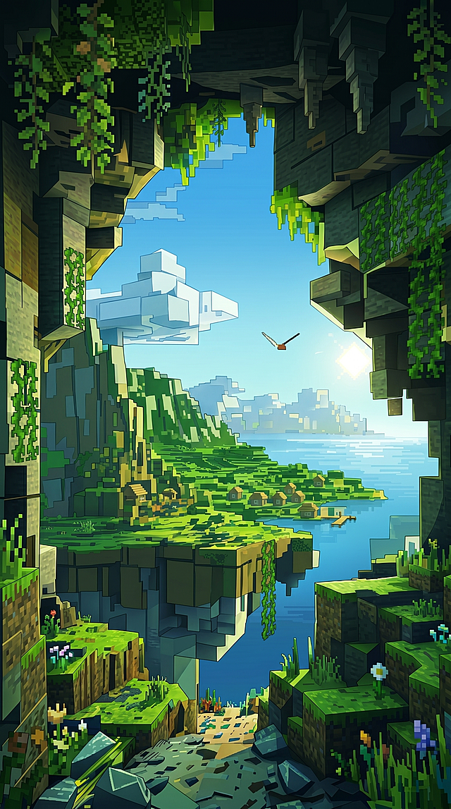 我的世界像素风格峡谷风景，增加绿色占比，强化方块方块特征让轮廓更清晰，保持原有构图和竖版比例不变
