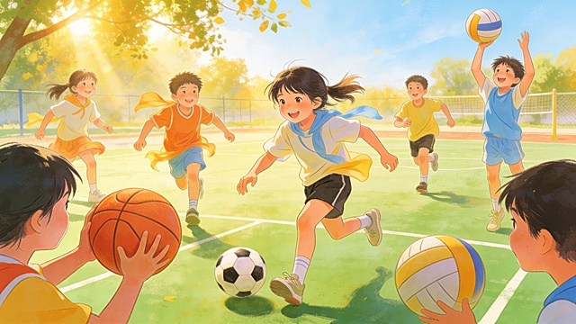 儿童青少年运动健身主题手绘插画，展示孩子们一起球类运动的场景，体现减少久坐坚持运动的健康成长理念，手绘插画风格，阳光活力，画面无任何文字