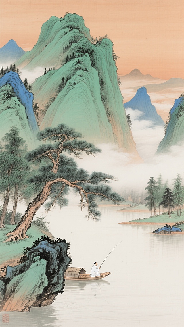 中国传统工笔青绿山水国画，画面以淡赭石为底色，主峰以石青、石绿层层渲染，色彩浓艳明快，山脚用墨色皴擦出岩石纹理，山间点缀苍翠的松树林，松针勾勒细致，近处一株苍劲松树斜向伸出枝干，松针茂密，树下平静的湖面上一叶扁舟，舟中一人身着白衣静坐垂钓，远处山峦叠嶂，云雾缭绕，意境悠远宁静，构图采用高远与平远结合，留白恰到好处，展现出空灵清幽的山水意境。