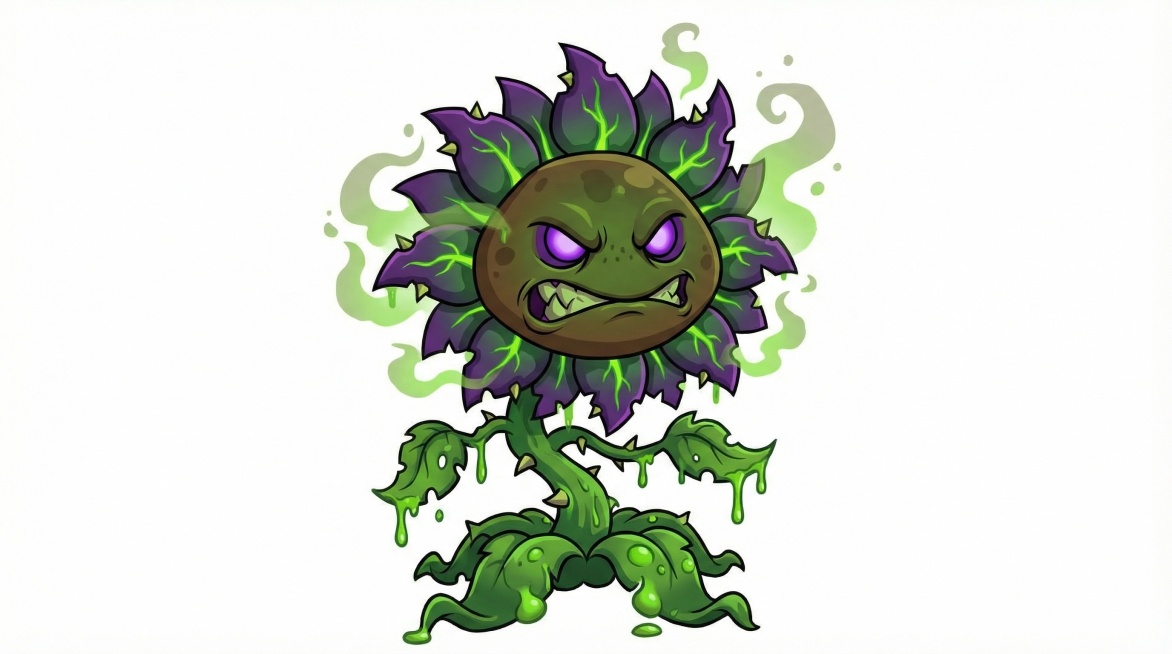 以这个植物角色为原型，生成不同变异的风格的进阶形态，分别是暗黑、寒冰、烈火、剧毒、机械、雷电的风格，白色背景，横版预览效果