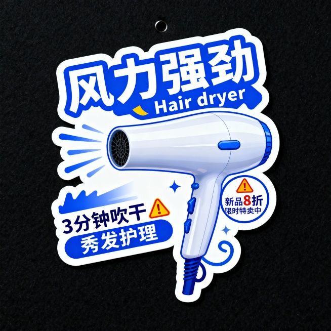 “吹风机”大标题，蓝白主色调，“风力强劲”手写体，搭配“Hair dryer”。吹风机，辅以“3分钟吹干”“秀发护理”，“新品8折限时特卖中”警示图标。预览效果
