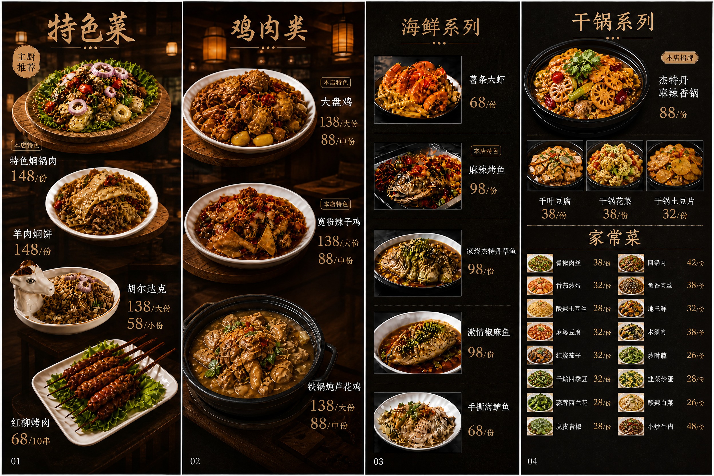 重新设计高端中餐菜单正面（第1-4页），A3横版四栏布局。 【… - 图片创意预览