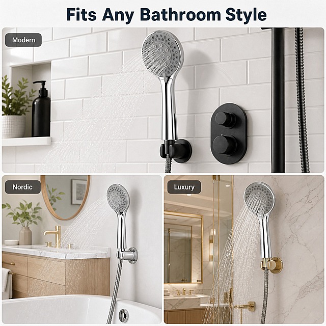 [主图-8] 多场景适配图，主题为Perfect for Every Bathroom。
[统一基调] 跨境电商亚马逊风格，现代家居场景，明亮通透，英文无衬线字体，深蓝灰标题，中灰辅助字。
[画面] 采用1+2宫格布局：上方大图展示现代简约风格浴室中的花洒使用场景，白色 subway tile 墙面，黑色五金配件对比，花洒在淋浴区喷洒水流；下方左小图展示北欧风格浴室，浅木色柜体+白色大理石台面，花洒安装在浴缸上方；下方右小图展示轻奢酒店风格浴室，金色点缀+大理石纹理，花洒在雨淋模式下工作。三个场景中的花洒产品外观均与输入图一致，镀铬银色105mm大面板。顶部大标题"Fits Any Bathroom Style"，每个小图角落有风格标签：Modern / Nordic / Luxury。
[光影质感] 真实家居摄影质感，每个场景都有自然的室内光线，产品在各场景中光影自然融入，水流效果真实。
[配色] 整体明亮通透，以白色、浅灰、木色为主色调，镀铬金属自然反光，不同场景各有风格主色但整体协调。
[文字版式] 顶部主标题居中大号粗体深蓝灰，宫格标签小号白字半透明黑底圆角，统一无衬线字体。
[输出要求] 1:1正方形，2048x2048，三个场景风格区分明显，产品在各场景中清晰可辨。负向：人物、变形、穿帮、杂乱、中文、水印、边框、风格混淆。