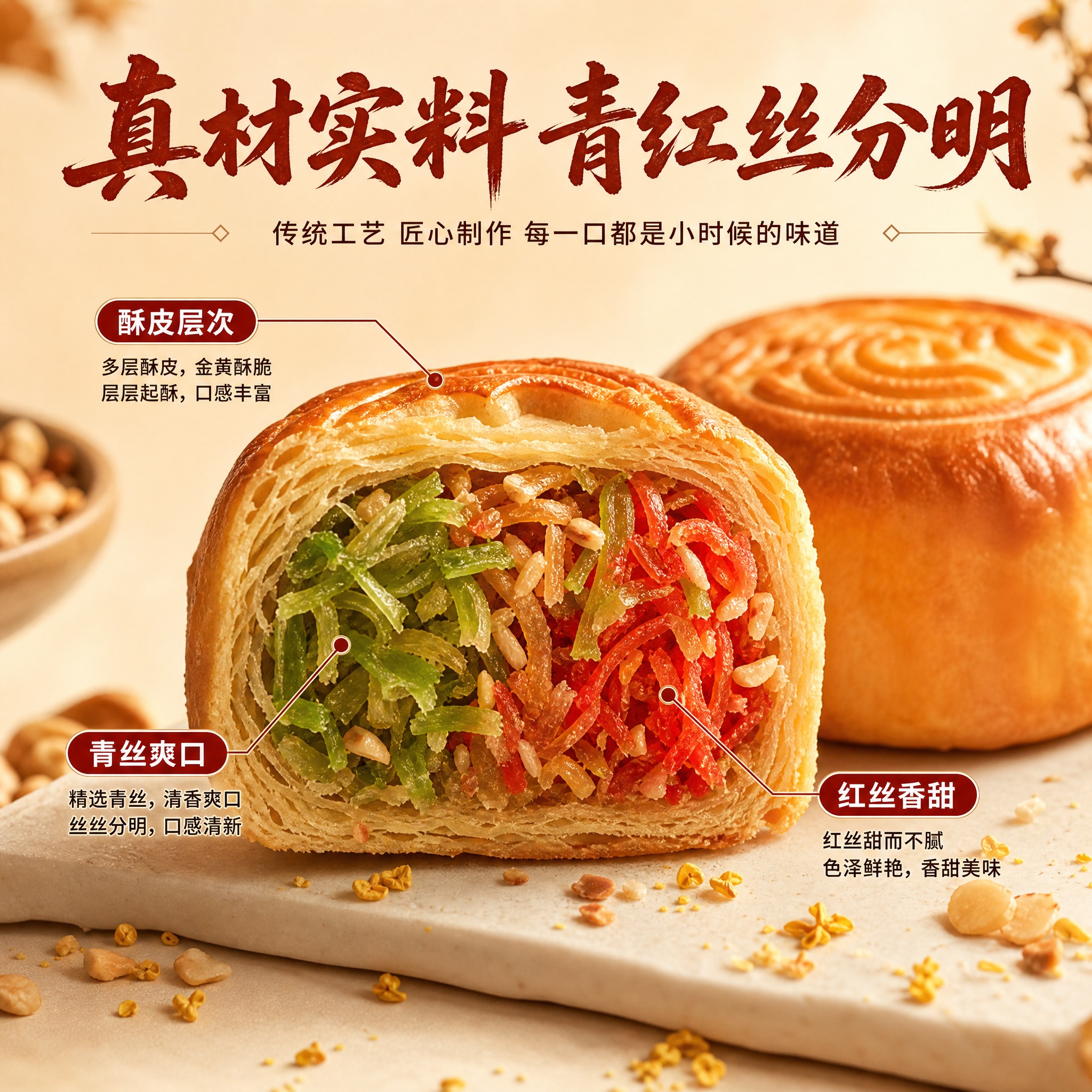 [主图-2] 海之心青红丝月饼细节特写，展示月饼内部馅料与工艺… - 图片创意预览