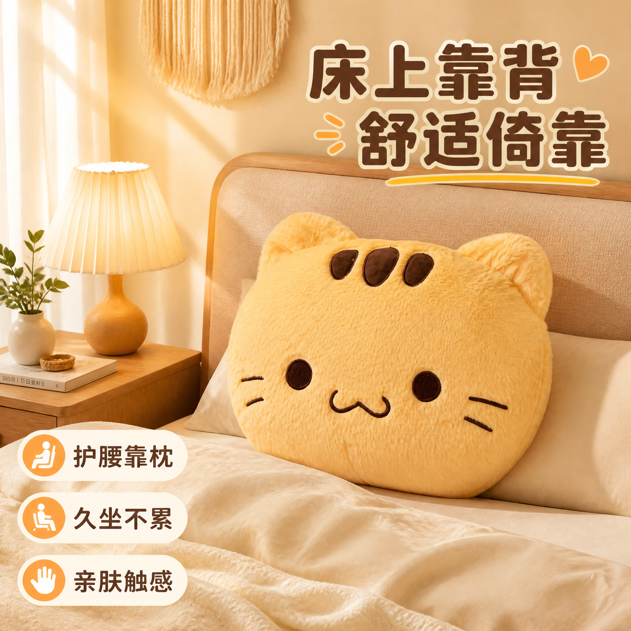 [主图-2] 黄猫头抱枕 床上靠背场景主图 展示使用场景。[统… - 图片创意预览