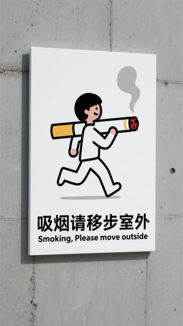 一个贴在灰色水泥质感墙面上的白色长方形指示牌，牌面上方有一个卡通简笔画风格的黑色短发小人，正用肩膀扛着一根巨大的黄色过滤嘴香烟快步向前走，香烟末端有红色烟头和一缕向上飘的灰色烟雾，小人穿着白色衣服，采用简洁的线条勾勒出跑步的动态姿态。指示牌下方居中位置有黑色加粗中文文字“吸烟请移步室外”，文字下方是较小字号的黑色英文翻译“Smoking, Please move outside”，整体设计风格……预览效果
