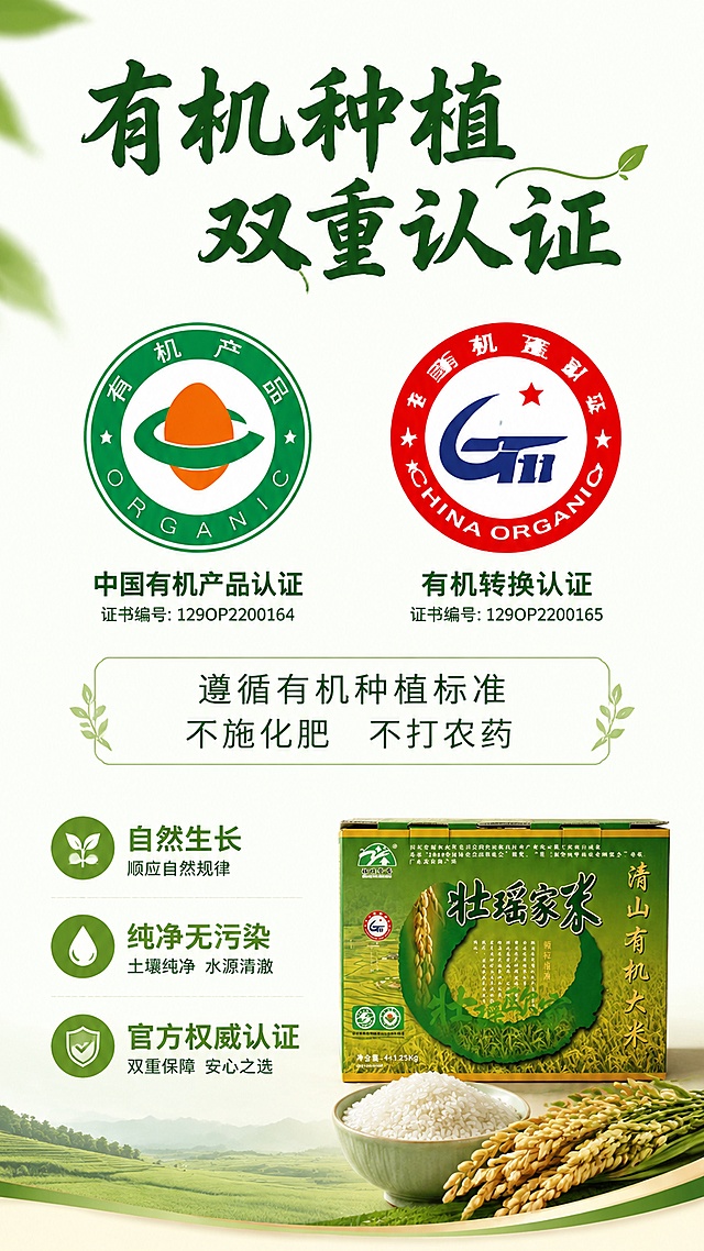 [第3屏] 有机认证优势-壮瑶家香连山有机大米种植卖点介绍。本屏使用【图1】产品包装作为辅助展示。
[氛围/风格] 干净信任感，绿色健康风，简约商业排版，清晰突出认证信息。
[元素布局] 上半部分双有机认证标识放大展示，占比约40%；下半部分文字区域介绍有机种植优势，右侧小比例展示产品礼盒；核心认证信息放大占屏，清晰呈现。
[光影质感] 均匀柔光照明，整体干净明亮，认证标识清晰锐利。
[配色色系] 全局底色 #F8FAF5；主色自然绿色；辅助色米白底、深绿文字。
[视角构图] 正面居中排版，视觉重心在上部认证区，阅读动线从上到下。
[文字版式] 顶主标题「有机种植 双重认证」，中部说明文字「遵循有机种植标准 不施化肥 不打农药」，下部三行卖点「自然生长 纯净无污染 官方权威认证」，书法风格标题，简约字体说明，分区排版不拥挤，文字清晰可读。
[比例分辨率] 9:16 竖版比例，4K分辨率，文字清晰可辨，高清画质。
[负向提示词] 文字错乱，文字过小，标识模糊，排版杂乱，颜色刺眼