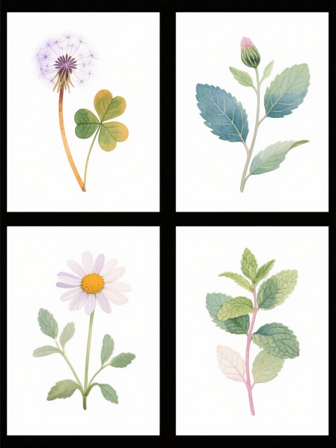 一组四个完全不同的写实风格植物插画集合，保持水彩质感的细腻笔触、清晰的叶脉纹理和自然的光影过渡，采用纯色背景且每个植物拥有独特的整体色调，元素类目均为草本植物，包含花朵、花苞和叶片的完整结构，以规整的网格排布在白色背景上，分别展示蒲公英、三叶草、雏菊和薄荷的生长状态，色彩方案依次为淡紫色调、橙黄色调、蓝绿色调和粉白色调，每个植物插画保持与原图一致的写实水彩风格和细节丰富度。预览效果