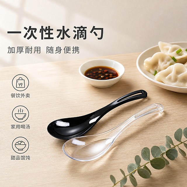 [单张主图] 一次性水滴勺（透明+黑色两款）简约生活日常风 淘宝天猫电商主图。
[路线判断] 高级氛围感主图路线，突出洁净生活感与实用品质，产品为透明+黑色两款一次性塑料调羹，主打加厚耐用、携带便捷、多场景适用。
[画面主体] 画面中央偏右位置摆放2只一次性水滴勺（1只透明款+1只黑色款），交叉错落摆放在浅原木色餐桌上，勺子形状、结构、材质与输入产品图完全一致，水滴形勺头、长柄带镂空挂孔、透明款清透水晶质感+黑色款亮面光滑质感，产品占画面约50%。勺旁搭配一只盛有饺子的白色陶瓷小碟和一小碗醋碟，营造家常用餐氛围。
[构图版式] 采用左文右物场景型版式。左侧大面积留白放置标题和卖点图标，右侧产品置于真实餐桌场景中，底部有轻柔投影。
[场景元素] 背景为浅米白色干净墙面，桌面是浅原木色纹理，左上方有柔和的窗棂光影斜射进来，画面右下角点缀一小束尤加利叶，整体氛围温馨洁净、生活日常感强。背景虚化处理，突出前景勺子主体。
[文案版式] 左上角主标题：「一次性水滴勺」，字体为简洁无衬线粗体，深灰色，字号较大。主标题下方副文案：「加厚耐用 随身便携」，字体稍小，浅灰色。左下角竖向排列3个线稿图标+短文案：「餐饮外卖」「家用喝汤」「甜品馄饨」，图标为简约线性风格，深灰色细线。文字均放在左侧留白区域，不遮挡产品主体。
[光影质感] 自然光从左上方斜射，柔和漫射光，透明勺子表面有自然高光反射体现清透质感，黑色勺子体现亮面光滑反光。产品底部有柔和接触阴影，自然落在桌面上。整体画面明亮通透，洁净生活感。
[配色字体] 主色调：米白、浅木色、深灰；辅助色：透明清透、黑色亮面、白色陶瓷；强调色：浅绿（植物点缀）。字体为现代无衬线体，字重克制，靠留白与对齐分层级。
[比例分辨率] 1:1正方形，2K分辨率，文字清晰可辨。
[负向提示词] 产品变形、勺子形状错误、结构错乱、水印、错字、糊字、伪Logo、主体遮挡、背景杂乱、低清晰度、悬浮感、穿模、手指畸形、人物面部、夸张促销色块、廉价感、塑料感过重、材质失真、黑色背景、深色背景、金边托盘、黑色托盘。