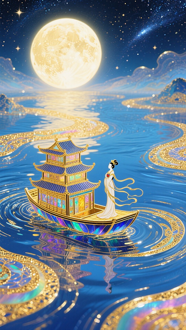 梦幻奇幻风格，全景，小船（漂浮在清澈的河流上，大型楼船上有玉兔和嫦娥）居画底部，涟漪从大型楼船向四周扩散成漩涡状水纹（金色交织） ，中央巨大的发光满月，超现实的星空河流世界，梦幻感，色彩以深邃蓝、暖黄为主，搭配金色点缀