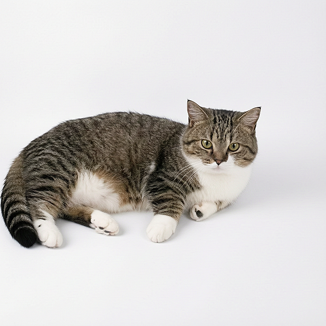 对图中的猫咪进行精修，保持猫咪的角度和姿态完全不变，背景替换为纯白色，画质提升至4K超高清，毛发细节清晰，光影自然柔和，整体画面干净通透