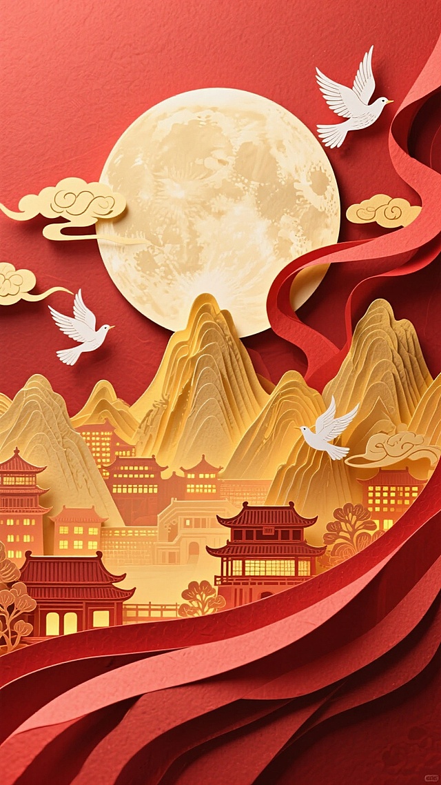 一轮巨大的圆月为占据画面中心的特写，底部以工笔风格呈现出全景的金色的山峦叠嶂间呈现古今建筑里万家灯火渐变温暖的光影，祥云装饰，白鸽飞舞，红绸穿绕，红色基底，皮影戏风格