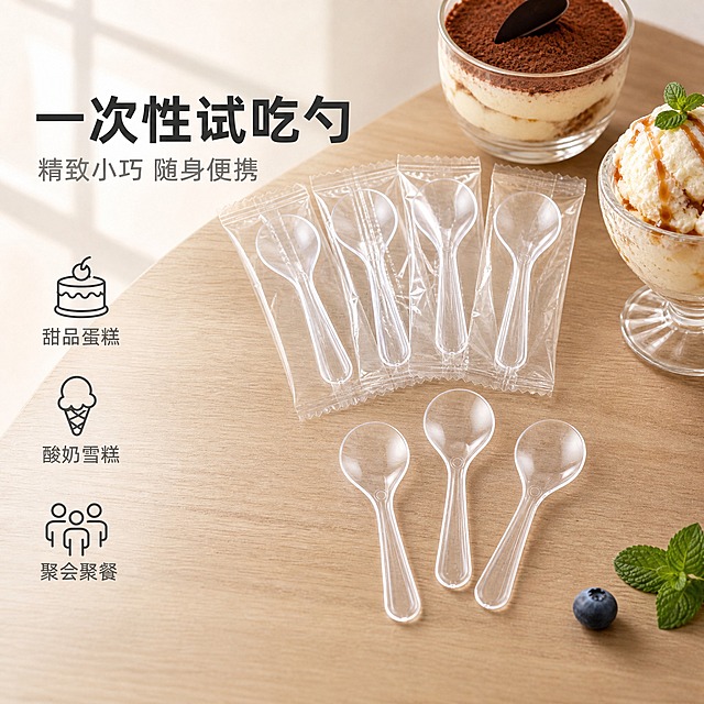 [单张主图] 一次性透明试吃勺 简约日常生活风 淘宝天猫电商主图。勺子形状严格一比一复刻原图，正圆形勺头、勺柄与勺头连接处有小圆点、勺柄末端圆润的造型完全保持不变。
[路线判断] 高级氛围感主图路线，突出精致小巧、洁净卫生与甜品场景适配感，产品为透明迷你一次性塑料试吃勺，主打精致小巧、独立包装、商用优选。
[画面主体] 画面中央偏右位置，7只透明一次性试吃勺（4只独立包装+3只散装）错落摆放在浅原木色餐桌上，勺子形状、结构、材质与输入产品图完全一致，严格一比一复刻：正圆形勺头、勺柄与勺头连接处有一个小圆点、勺柄末端圆润造型、清透水晶质感，独立包装袋为透明锯齿封口塑封袋，产品占画面约55%。勺旁搭配一小碗提拉米苏和一杯冰淇淋，营造精致甜品下午茶氛围。
[构图版式] 采用左文右物场景型版式。左侧大面积留白放置标题和卖点图标，右侧产品置于真实餐桌甜品场景中，底部有轻柔投影。
[场景元素] 背景为浅米白色干净墙面，桌面是浅原木色纹理，左上方有柔和的窗棂光影斜射进来，画面右下角点缀一小片薄荷叶和一颗蓝莓，整体氛围温馨洁净、精致日常感强。背景虚化处理，突出前景勺子主体。
[文案版式] 左上角主标题：「一次性试吃勺」，字体为简洁无衬线粗体，深灰色，字号较大。主标题下方副文案：「精致小巧 随身便携」，字体稍小，浅灰色。左下角竖向排列3个线稿图标+短文案：「甜品蛋糕」「酸奶雪糕」「聚会聚餐」，图标为简约线性风格，深灰色细线。文字均放在左侧留白区域，不遮挡产品主体。
[光影质感] 自然光从左上方斜射，柔和漫射光，透明勺子表面有自然高光反射，勺身通透可见下方桌面纹理，勺柄上的小圆点清晰可见，体现清透水晶质感。独立包装袋有轻微塑封褶皱反光，锯齿封口清晰，真实自然。产品底部有柔和接触阴影，自然落在桌面上。整体画面明亮通透，洁净精致感。
[配色字体] 主色调：米白、浅木色、深灰；辅助色：透明清透、提拉米苏棕、冰淇淋奶白、蓝莓紫；强调色：薄荷绿（点缀）。字体为现代无衬线体，字重克制，靠留白与对齐分层级。
[比例分辨率] 1:1正方形，2K分辨率，文字清晰可辨。
[负向提示词] 勺子形状变形、勺头不是正圆形、勺柄没有小圆点、勺柄末端形状错误、结构错乱、水印、错字、糊字、伪Logo、主体遮挡、背景杂乱、低清晰度、悬浮感、穿模、手指畸形、人物面部、夸张促销色块、廉价感、塑料感过重、材质失真、深棕色木纹桌面、深色桌面、红色促销条、底部大文字、商超同款字样、商用优选字样。