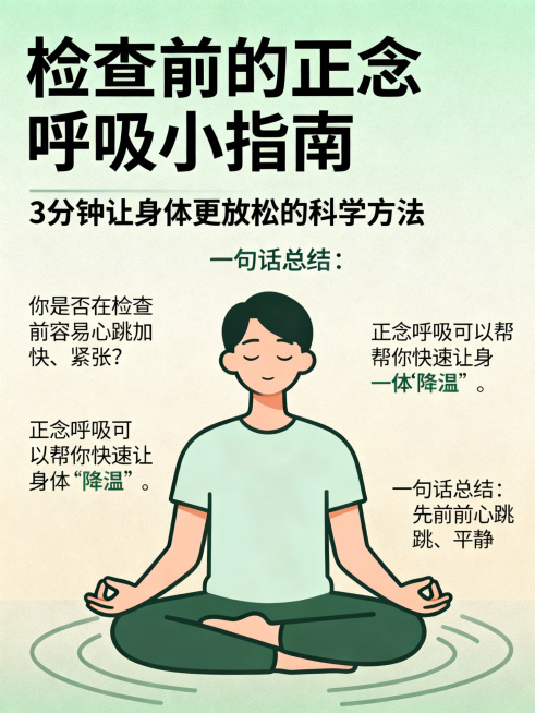 简约清爽风格海报，主色调为柔和绿色加暖米色。标题"检查前的正念呼吸小指南"使用大黑体，副标题"3分钟让身体更放松的科学方法"，内容文案：你是否在检查前容易心跳加快、紧张？正念呼吸可以帮你快速让身体"降预览效果