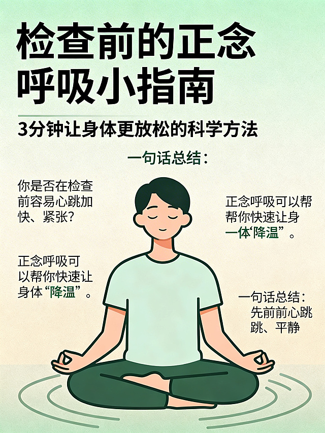 简约清爽风格海报，主色调为柔和绿色加暖米色。标题"检查前的正念呼吸小指南"使用大黑体，副标题"3分钟让身体更放松的科学方法"，内容文案：你是否在检查前容易心跳加快、紧张？正念呼吸可以帮你快速让身体"降温"。一句话总结：检查前，先让心跳平静。画面是一个人坐着打坐深呼吸的简约插画，带有平静气息线条。干净插画，整体配色清爽。