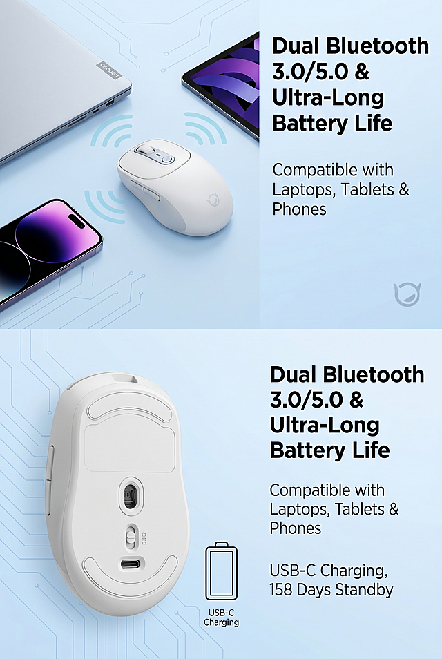 2:3 vertical ratio, e-commerce connectivity & battery life banner, strictly restore the Lenovo Xiaoxin wireless mouse (white) including the bottom switch and USB-C charging port details. Split layout: top half shows the mouse paired with multiple devices (laptop, tablet, smartphone) via subtle Bluetooth signal lines, demonstrating multi-device compatibility; bottom half shows the USB-C charging port with a simple battery icon indicating long standby. Left-aligned English text on the right: main title "Dual Bluetooth 3.0/5.0 & Ultra-Long Battery Life" (bold), subtitles "Compatible with Laptops, Tablets & Phones" + "USB-C Charging, 158 Days Standby". The background uses a soft light blue gradient with subtle tech-inspired line patterns, maintaining a clean, modern, and premium office aesthetic consistent with previous screens. Negative prompt: tangled cables, messy device arrangement, distorted mouse bottom, incorrect port design, overcomplicated tech graphics, text misspelling, low resolution, harsh lighting, inconsistent color scheme, cartoon-style icons