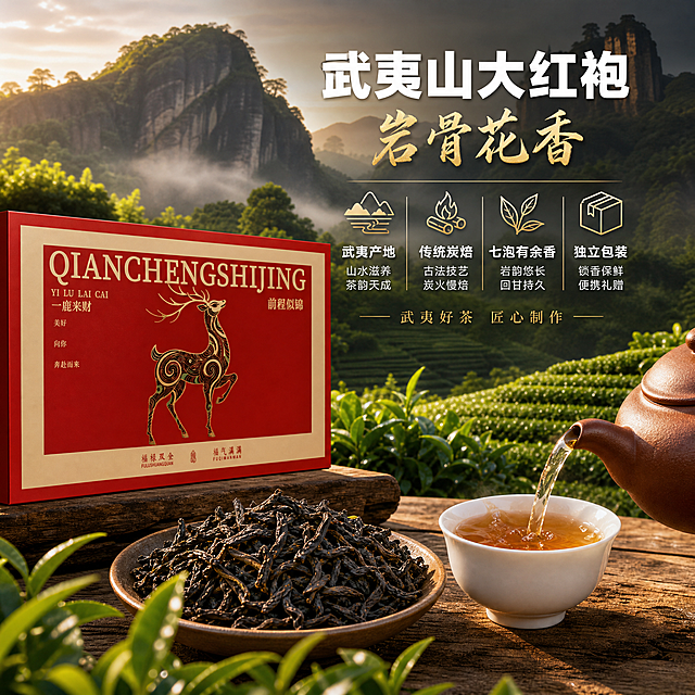[主图-2] 武夷大红袍产地风光与产品展示图
[氛围风格] 新中式国风 茶山自然氛围 品质信任感
[画质] 商业摄影质感 光线自然通透 细节清晰真实
[元素] 画面左侧为武夷大红袍红色礼盒正面展示，礼盒上的金色麋鹿图案和"前程似锦"文字清晰可见，保持礼盒外观与输入产品图完全一致。礼盒右侧为武夷山茶园风光，层叠的茶山梯田，翠绿茶树，清晨薄雾缭绕，远处有丹霞地貌山峰，展现茶叶生长的自然环境。画面下方特写展示一小撮深褐带绿的干茶叶条索，紧结壮实，旁边有一只紫砂壶正在往白瓷杯中冲泡，琥珀色茶汤倾泻而下，有动态水流效果。
[光影] 清晨自然柔光，茶园侧逆光营造通透感，茶汤有明亮高光，干茶叶纹理清晰，整体暖绿色调与红色礼盒形成对比。
[配色] 主色中国红 辅色茶山翠绿 点缀色茶汤琥珀金
[视角构图] 左右分屏构图，左侧礼盒右侧茶山，下方茶汤特写贯穿，平视角度，层次丰富。
[文字版式] 右上区域文字组。主标题"武夷山大红袍"，粗黑体白色大号；下方"岩骨花香"，书法体金色。中部用极细金色引线连接四个卖点图标：图标1茶山配"武夷产地"、图标2炭火配"传统炭焙"、图标3茶叶配"七泡有余香"、图标4礼盒配"独立包装"，每个图标下方配白色小字说明。底部小字"武夷好茶 匠心制作"，细宋体金色。
[输出要求] 1:1比例 文字清晰锐利 超高清商业摄影质感
[负向提示词] 变形 文字错乱 产品图模糊 背景杂乱 水印 电商平台Logo 多余手指 手部扭曲 核心产区 正岩