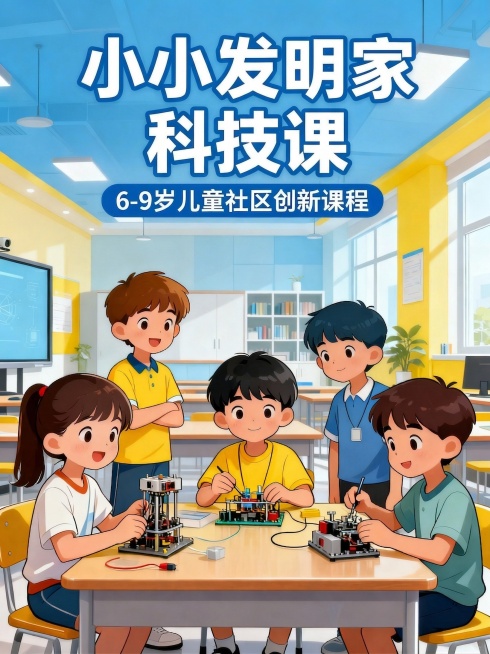 小小发明家五个字发在第一行，第二行写科技课预览效果