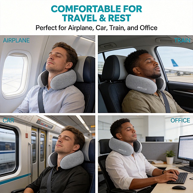 现代简约风格，场景化使用展示。画面分为四个象限，分别展示ARTELSE颈枕在飞机、汽车、火车、办公室的使用场景，严格还原产品浅灰针织面料、内侧黑灰网布的形态与材质，模特为25-40岁欧美白人/多元族裔，呈自然放松状态。主标题（顶部居中，青蓝色无衬线粗体）：“COMFORTABLE FOR TRAVEL & REST”，副标题（主标题下方，黑色无衬线字体）：“Perfect for Airplane, Car, Train, and Office”，场景标签（每个象限角落，小号青蓝色无衬线）：“AIRPLANE”“CAR”“TRAIN”“OFFICE”。四个场景图等比例分布，背景为真实场景（飞机客舱、汽车座椅等），整体排版对称，符合杂志美学，场景化传递产品适配性，风格统一