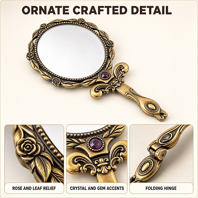 [主图-3] 商品名称「Vintage Bronze Handheld Makeup Mirror — Ornate Crystal Accented Round Vanity Mirror with Folding Handle for Daily Beauty and Gifting」。本张唯一任务：结构证据——用微距证明雕花镜框、水晶点缀与折叠手柄的真实工艺细节。
[统一基调] 复古华丽的个护礼品信息图视觉：纯净白到柔光象牙米白背景（#FFFFFF→#F7F1E8），古铜金色产品配深棕标题（#4A3722）、暖灰褐辅助文字（#7A6A58）与古铜金强调（#B08B52）；单一几何无衬线粗体，仅以字号层级区分主副；卡片统一 16px 圆角暖白卡（#FFFDFA）+ 1px 浅金描边，图标统一 2px 线性描边；左上柔光、右侧暖金反光，铜质浮雕高光细腻。
[画面] 画面上方保留一面完整的古铜色手持化妆镜作为语境组件，以略俯视微侧角度展开手持态摆放，可见整圈雕花与手柄轮廓；下方并排三张微距证据卡：左卡微距展示镜框外圈的玫瑰与叶纹浮雕层次；中卡微距展示框体与手柄连接处的雕刻花朵、深紫色宝石与周边水晶点缀；右卡微距展示手柄折叠铰链与手柄端头的水滴状浮雕，手柄处于半折状态；每张卡下方带 16px 圆角暖白卡标签条，卡与卡留白均匀。
[光影质感] 微距摄影质感，左上柔光突出金属浮雕高低起伏与细小纹理，镜面只映柔和浅白光影；卡片内产品有自然接触阴影。
[配色] 沿用统一基调；三张卡底色为暖白，仅用古铜金强调元素，不引入第二种主色。
[文字版式] 主标题置顶部居中偏左，深棕粗体大字 "ORNATE CRAFTED DETAIL"；三张卡标签为深棕小号粗体 "ROSE AND LEAF RELIEF"、"CRYSTAL AND GEM ACCENTS"、"FOLDING HINGE"；全图仅英文文案，禁止中文、错字。
[输出要求] 1:1 正方形；负向：任何中文、尺寸数字、放大倍数、材质成分、认证字样、水印、平台 Logo、品牌标志、手柄结构错误、变形、模糊、杂乱、手指与人体。