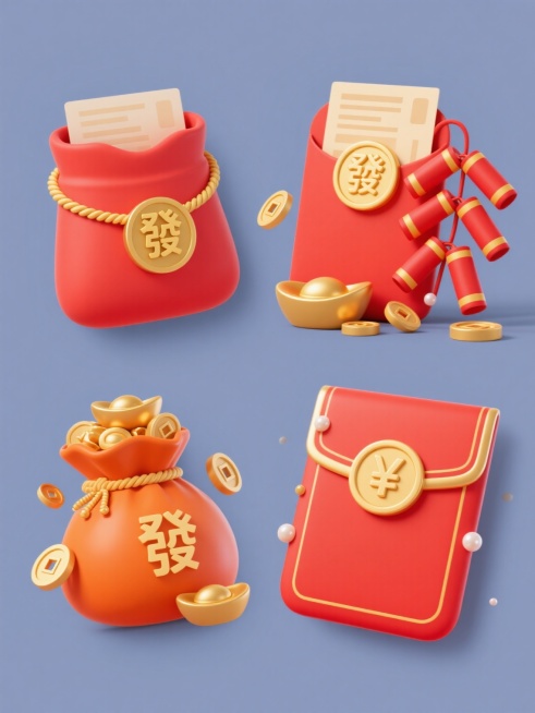 一套4个规整排布的电商营销素材，简约现代风格，纯色背景，无任何文字、logo和水印。第1个：红色红包主体，金色绳带装饰，正面圆形金色“發”字标识，旁边红色鞭炮，周围散落金色铜钱，充满新春喜庆且招财的氛围。第2个：红色立体红包，正面圆形金色“發”字，红包口露出米色票据，旁边搭配金色元宝和铜钱，传递富足且带有福利的感觉。第3个：红色主体红包，正面圆形金色“發”字，旁边装满金元宝的橙色钱袋，金色铜钱……预览效果