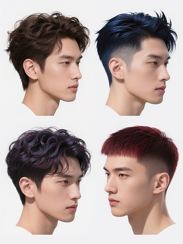 一组4个男士发型的系列素材集合，每个发型保持原有的短发长度和基本发型结构元素但造型完全不同，分别为：1. 自然蓬松侧分发型，顶部头发蓬松微卷，深棕色发色；2. 纹理烫短发，发丝呈现明显的S型卷曲纹理，闷青色发色；3. 渐变铲青发型，两侧及后颈头发渐变铲短，顶部头发向上抓立，蓝黑色发色；4. 齐刘海纹理短发，刘海整齐覆盖额头，顶部头发带有空气感纹理，酒红色发色。所有发型均为高写实风格，发丝细节清晰可见，具有真实的光泽感和蓬松质感，光线从斜上方照射，产生自然的明暗对比和细微阴影，背景为纯白色纯色背景，4个发型规整地排布在同一画面中，形成统一的系列感。