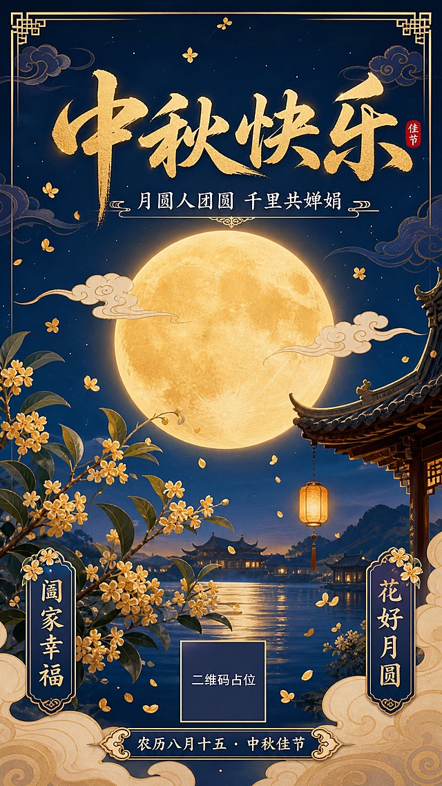 中秋节日祝福海报，国风新中式工笔风格，温馨典雅。画面中央一轮硕大的金色满月，月光柔和洒下，周围点缀着淡淡的祥云。画面下方有几枝盛开的桂花枝条，花瓣轻盈飘落。远处隐约可见中式古建筑屋檐的剪影，营造出静谧的中秋夜氛围。

主标题居中偏上，大字号金色书法字体："中秋快乐"
副标题在主标题下方，白色雅致字体："月圆人团圆 千里共婵娟"
画面下方两侧分布祝福语标签："阖家幸福"、"花好月圆"
底部有小字装饰："农历八月十五 · 中秋佳节"

配色以深蓝夜空为底色，搭配金色月光、暖黄灯光、米白云纹，整体色调温暖祥和，富有传统节日韵味。版式精美，层次分明，四周留有安全边距。

画面中所有二维码区域使用纯色方块占位符呈现，方块中央标注"二维码占位"文字，严禁生成任何可识别的二维码图案。
画面中所有信息区域必须填充完整合理的内容，不得出现空白框、空白占位、横线待填写区域，确保是完整可用的成品海报。