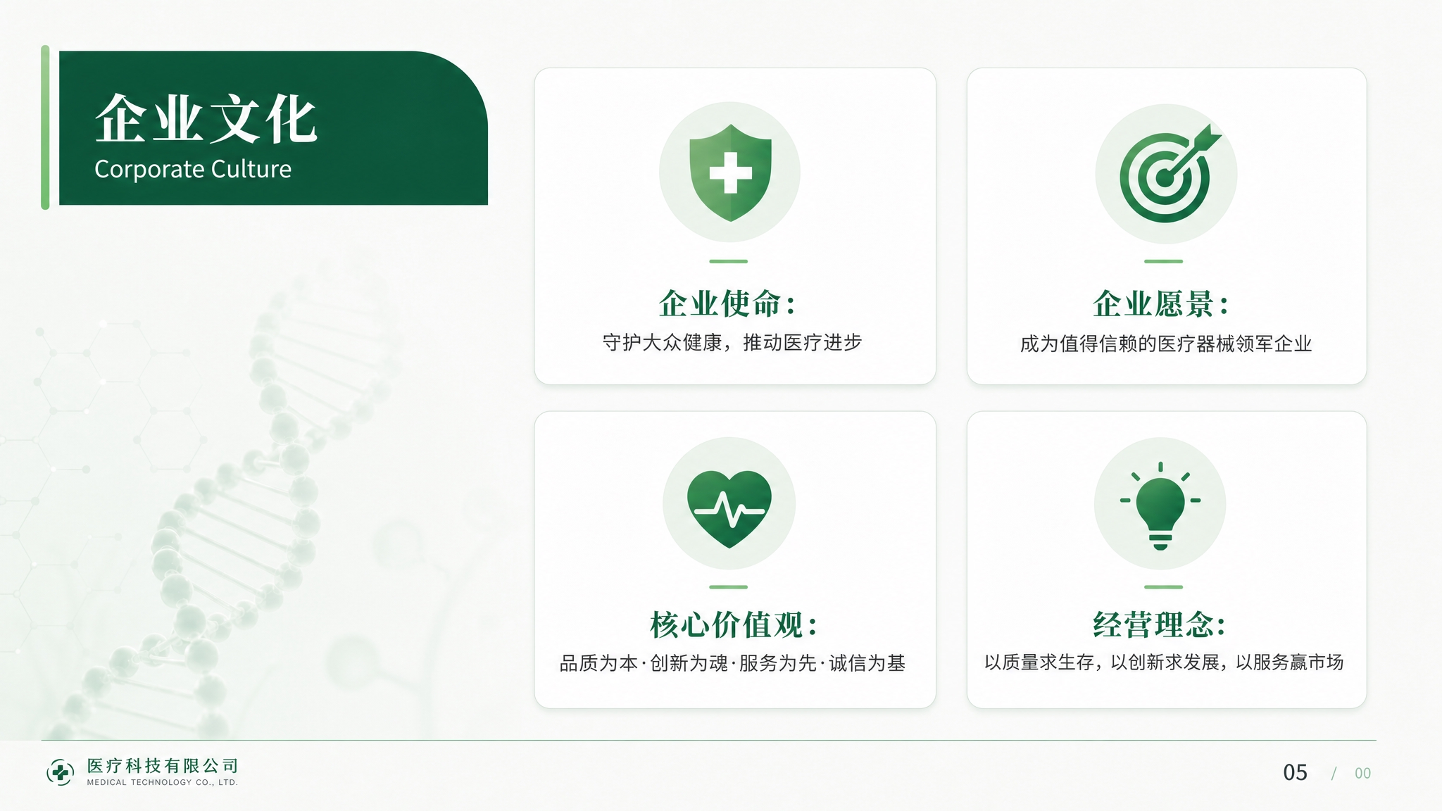 参考图中的浅绿色医疗PPT风格，生成企业文化页面，16:9横版… - 图片创意预览